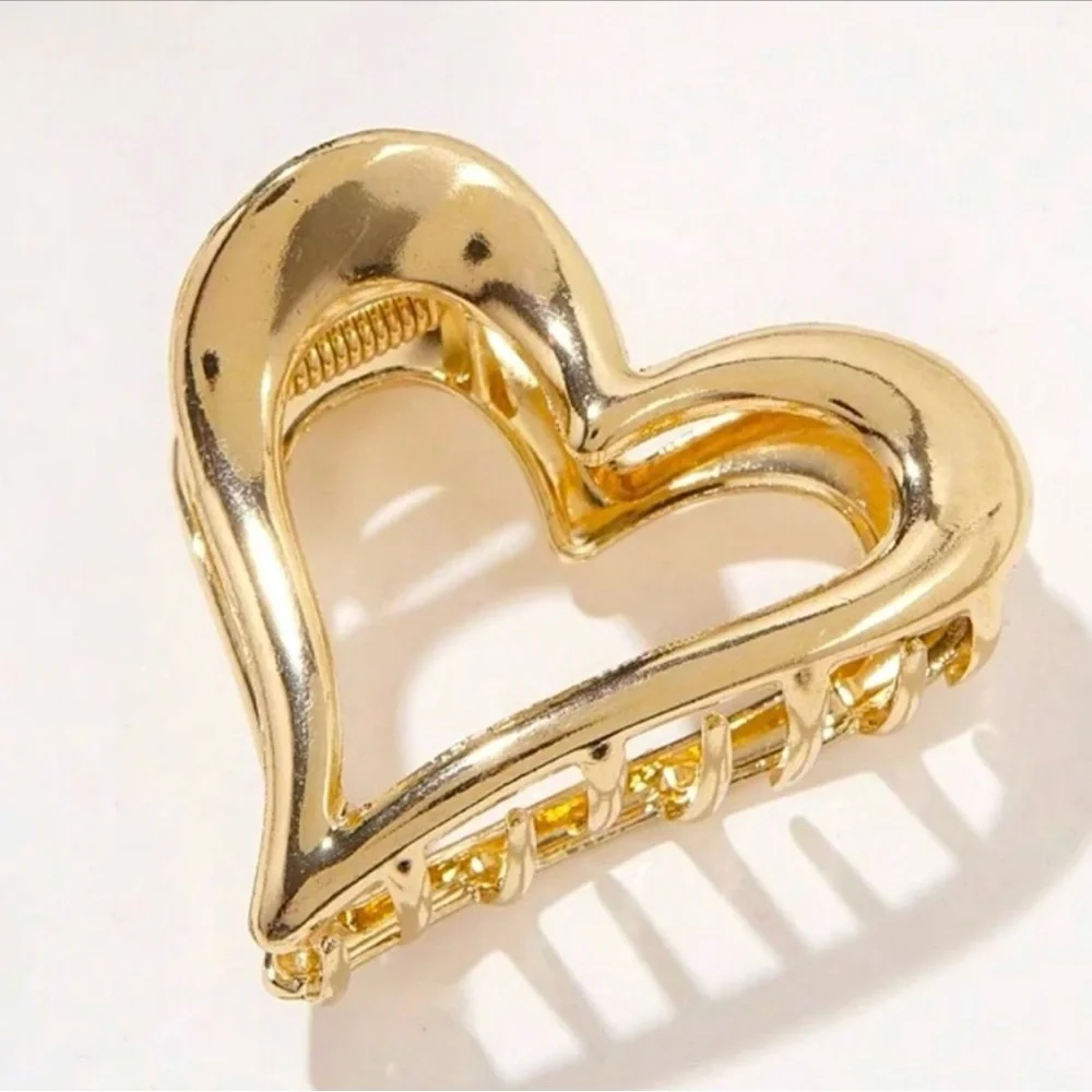 3pc Heart hair accessory set gold jewelry barrette claw clip teen prom bridal